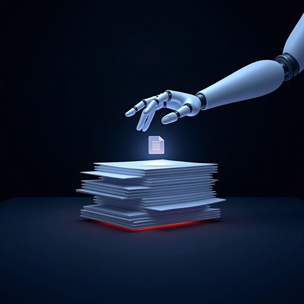 O mână robotică așază un document deasupra unui teanc de hârtii