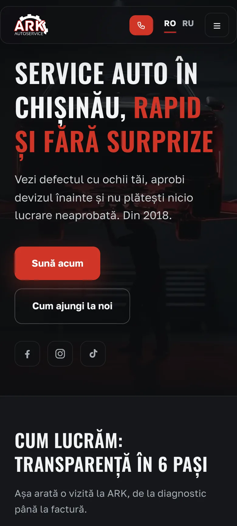 Главная страница arkservice.md на экране телефона: тот же заголовок, кнопка «Позвонить» и переключатель языка румынский–русский