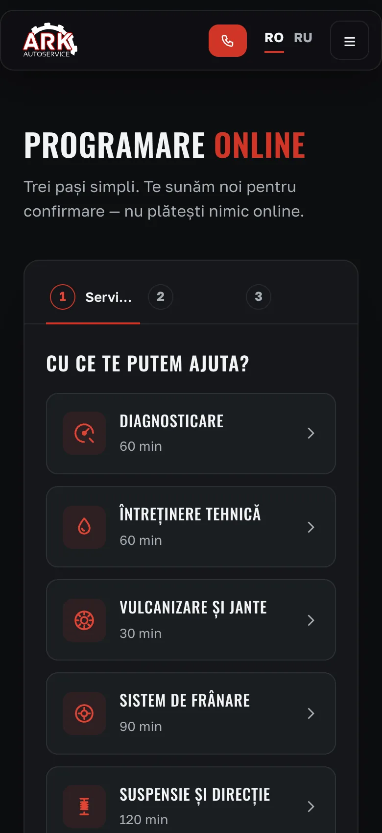 Первый шаг записи онлайн на экране телефона: вопрос «С чем вам помочь?» и категории услуг, у каждой — своя длительность