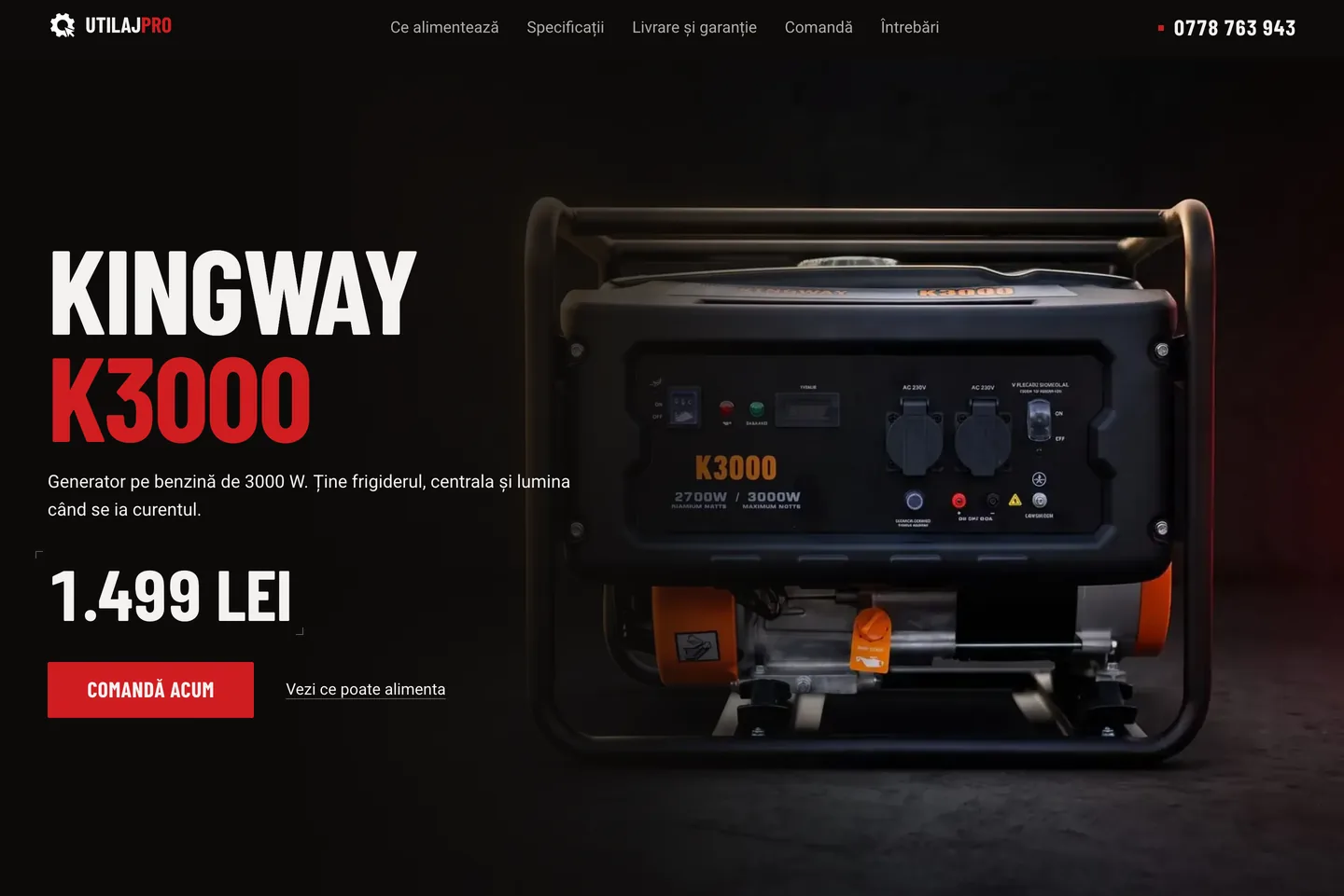 Главная страница utilajpro.ro на десктопе: фотография генератора KINGWAY K3000 на тёмном фоне, название товара, цена и кнопка заказа